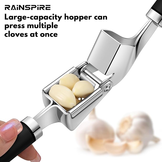 Rainspire Premium Garlic Press Stainless Steel, Garlic Mincer Tool, Garlic Crusher Tool, Garlic Smasher Garlic Masher Includes Silicone Garlic Peeler & Cleaning Brush, Dishwasher Safe (Black)