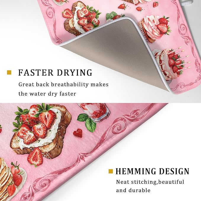 Strawberry Dish Drying Rack Mat Pink Absorbent Microfiber Dish Drying Mat for Kitchen Counter 18x24 In