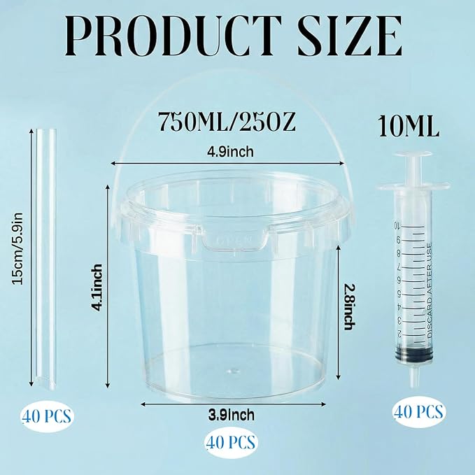 Willinglong 40 Set 25oz Clear Plastic Drink Buckets Rum Buckets for Drink with Straws, Lids and Beverage Syringes Reusable Iced Coffee Cups for Rum Wine Beer Cocktail Beverage Lemonades