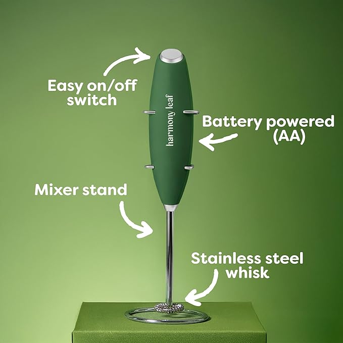 Harmony Leaf Handheld Milk Frother, Stainless Steel Electric Drink Mixer with Stand, Battery Operated Coffee Frother for Lattes, Matcha, Hot Chocolate and More, Green