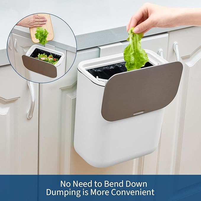 PrecisionAuto 2.4 Gallon/9L Hanging Trash Can with Stainless Steel Lid, Mountable Under Sink Compost Bin for Kitchen Cabinet Door, Food Waste Bin for RV, Bathroom, Office - White