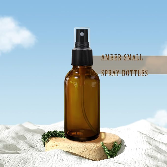 GIVAMEIHF 4 pcs Amber Glass Spray Bottles 2oz, Empty Small Spray Bottle Fine Mist Refillable Sprayer with Funnel Labels Droppers,Mini Travel Bottle for Essential Oils,Hair and Cleaning Solutions