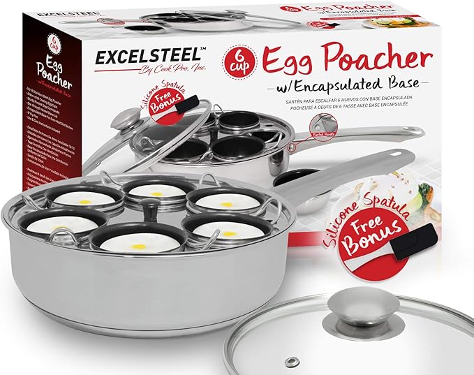 EXCELSTEEL Non Stick Easy Use Rust Resistant Home Kitchen Breakfast Brunch Induction Cooktop Egg Poacher, 6 Cup, Stainless Steel, Round