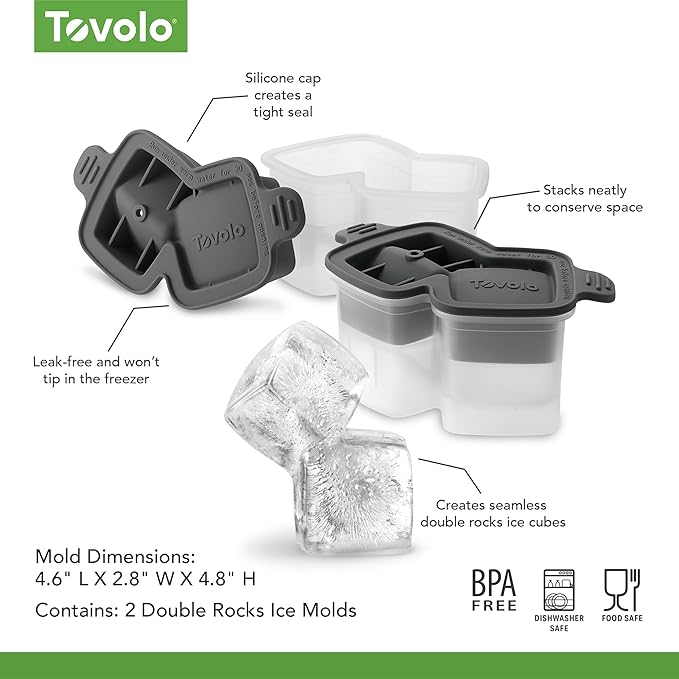 Tovolo Whiskey Ice Cube Mold Set of 2 Square Double Rocks Ice Mold for Bourbon Old Fashion Manhattan Cocktails, Stackable Cocktail Ice Cube Mold for Whiskey Glass, Dishwasher Safe BPA Free Ice Molds