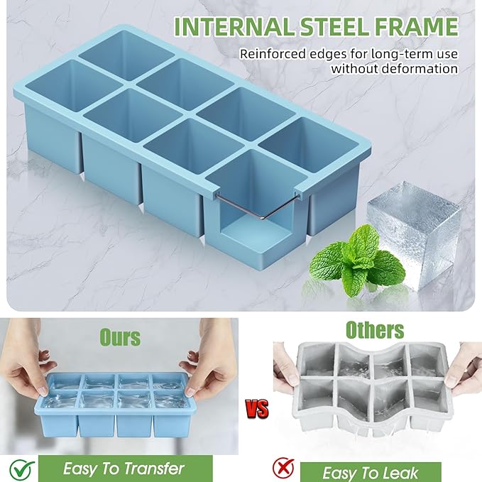 Large Ice Cube Molds, 2 Pack Easy Release Ice Trays for Freezer with Lid, Stackable Square Big Silicone Ice Cube Tray BPA Free Slow Melting for Bourbon Whiskey, Cocktails, Iced Coffee （Blue）