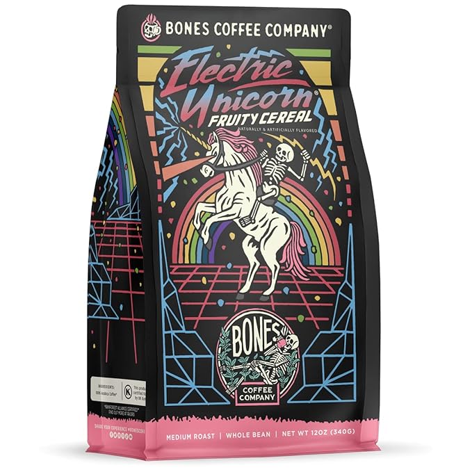 Bones Coffee Company Electric Unicorn, Fruity Cereal With Milk Flavored Coffee, Medium Roast Low Acid Arabica Beans Compatible with Auto drip and French Press Coffee Maker, 12 Oz Ground