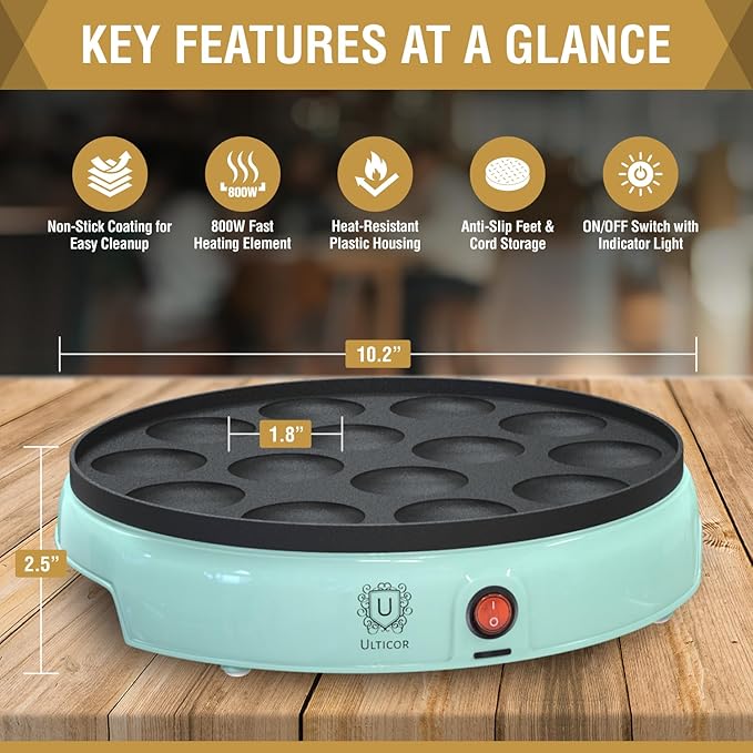 ULTICOR Mini Pancake Maker – 14-Hole Electric Poffertjes Pan – Non-Stick Dutch Mini Pancakes Griddle – Easy to Use, Easy to Clean – Perfect for Breakfast, Desserts, Snacks & More