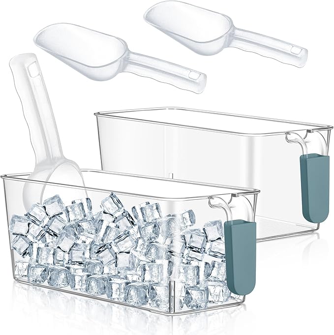 Havawish Ice Storage Bin and Flexible Scoop Set Plastic Freezer Bin with Pull out Handle Storage Bucket Clear for Container with Scoop(Dark Blue,10.83 x 4.92 x 4.33 in,Classic)
