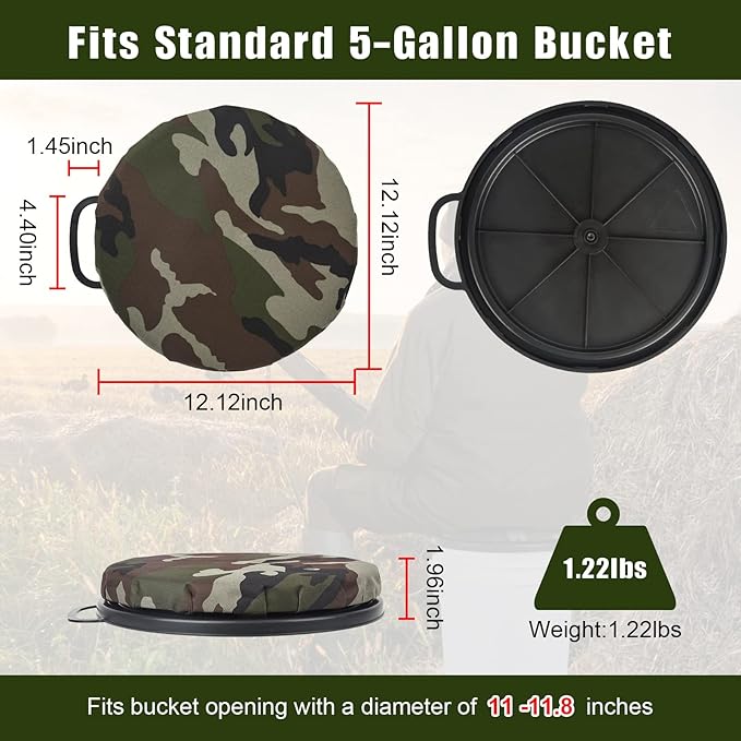 Foxtune 360-Degree Swivel Bucket Seat, 5 Gallon Bucket Lid, Spin Bucket Seat Cushion, Silent, Comfortable, Water-Resistant, for Fishing, Gardening, Hunting and Camping
