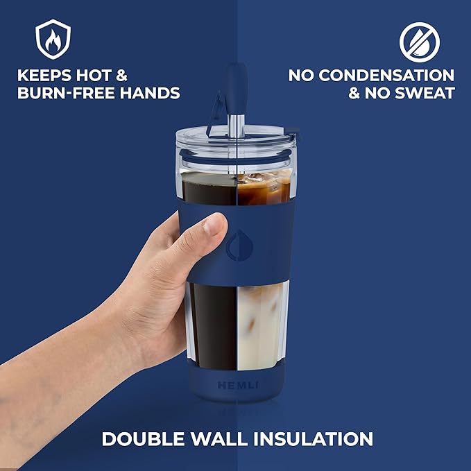 19 oz. Double Wall Glass Coffee Tumbler, To Go Travel Mug with Lid, Portable Glass Thermos with Straw, Reusable Cup, Tea, Smoothies, Ice Coffee, and Boba