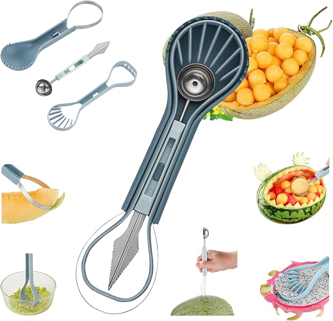 6-in-1 Melon Fork Slicer Cutter, Melon Baller Scoop Set, Watermelon Slicer Tool, Stainless Steel Fruit Cutter, Seed Remover, Fruit Fork for Camping Kitchen Gadgets (6-in-1-blue)