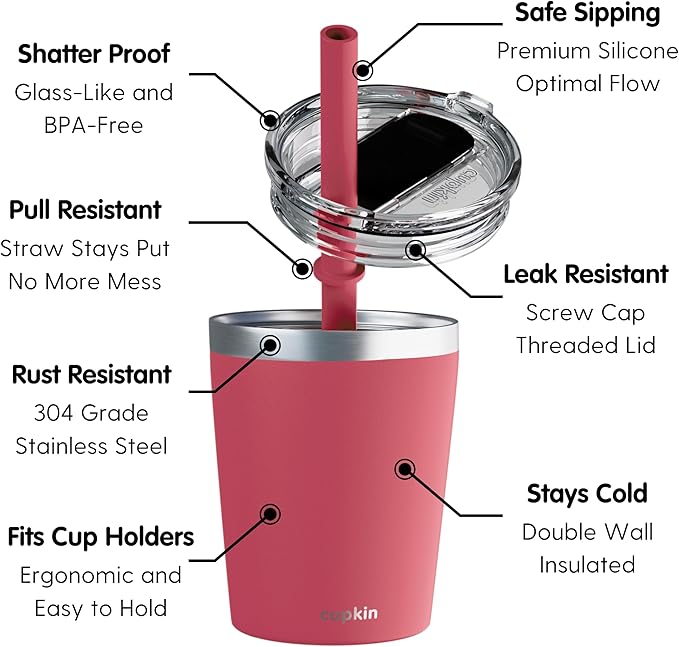 CUPKIN Eco Kids Tumbler Cup, The Original 8 oz Stackable Stainless Steel Metal Straw Cups, Set of 2 Powder Coated Insulated Cup with Straw + BPA Free Lids + Reusable Silicone Straws (Coral + Yellow)