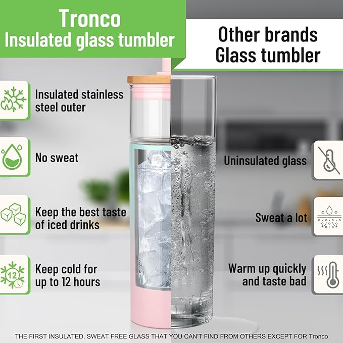 Tronco 20 oz Vacuum Insulated Glass Tumbler with Lid and Straw - Keeps Drinks Cold for 12 Hrs - Reusable Glass Cup for Iced Coffee, Smoothies & Boba - Sweat & BPA Free, Dishwasher Safe, Fit Car Holder