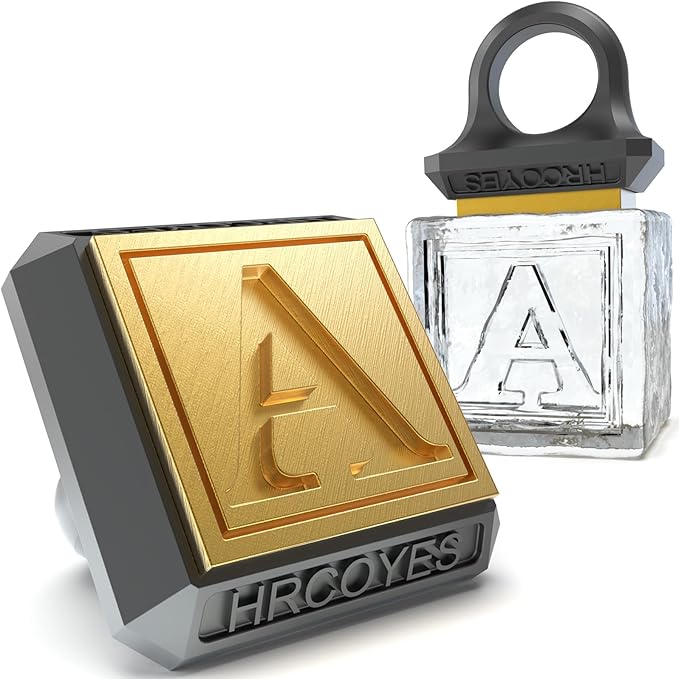 Square Ice Stamp Ring – 3 mm Brass Personalized Cube & Sphere Press, Ready-to-Gift Clear Acrylic Christmas Box, Custom Letter/Pattern Imprint for Whiskey & Cocktails (Letter A)