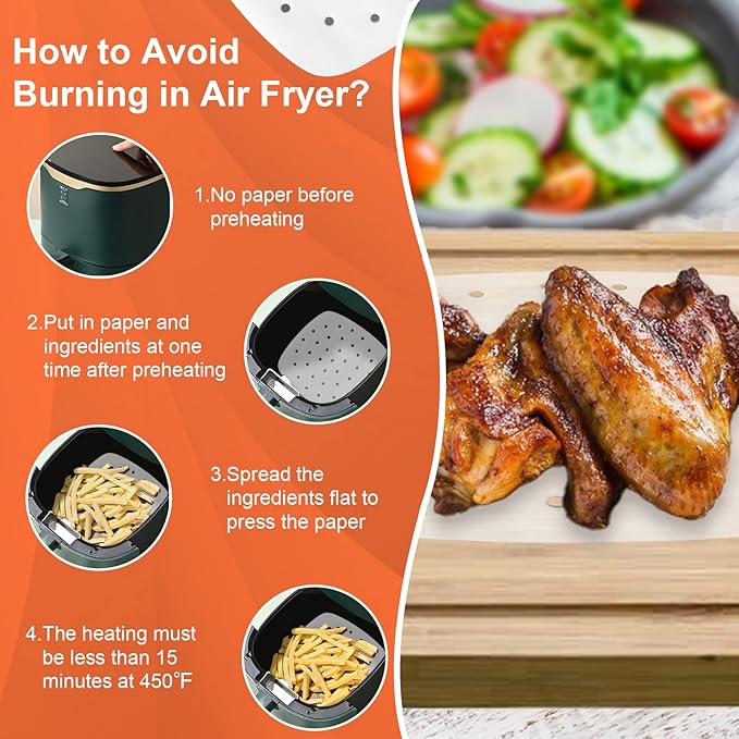 Numola 100 Pcs Air Fryer Liners Disposable Parchment Paper, 8 Inch Perforated Airfryer Sheets for Baking, Square Non-Stick Steamer Liner for Oven, Microwave, Steaming Basket