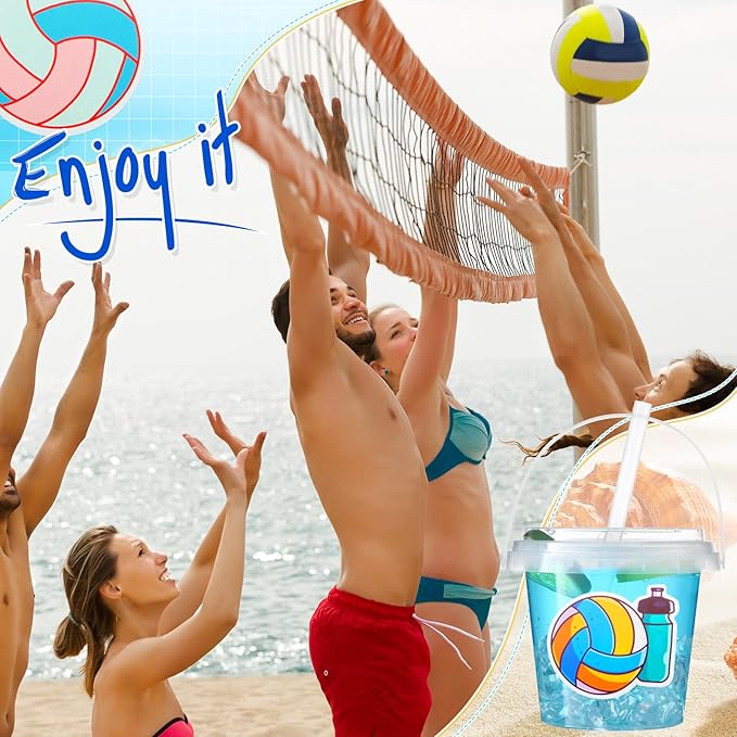 Funnymoom 30 Set Volleyball Clear Plastic Cups with Lids & Straws 24oz Disposable Rum Drink Buckets Bulk for Cocktail Parties with Handles & Stickers for Holiday Birthday Beach Pool Party Supplies