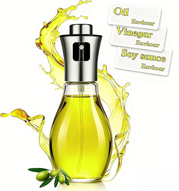 Olive Oil Fine Mist Spray Bottle - 6.7oz/200ml Cooking Sprayer for Air Fryer, Salad, Grilling & Frying - Kitchen Essential Tool（304 Stainless Steel）（with 3D stickers）