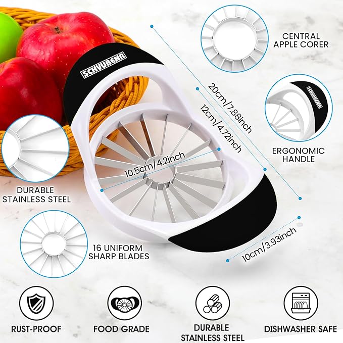 SCHVUBENR 16-Blade Apple Slicer and Corer - 4.72 Inch Sharp Stainless Steel Apple Cutter - Professional Apple Divider Tool for Quick Slices - Easy to Use & Clean - Slice Fruits with Ease - Black