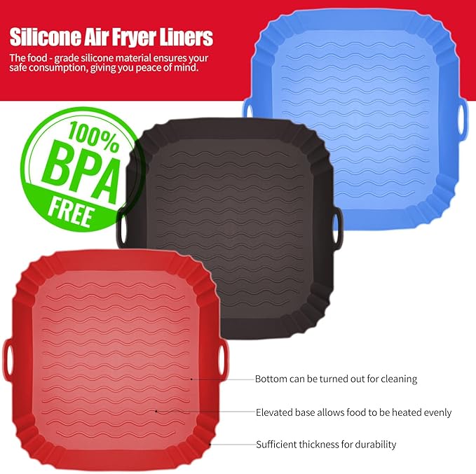 2 Pack Air Fryer Liners,8 Inch Silicone Airfryer Liners,Air Fryer Accessories,Reusable Baking Tray Oven Accessories,Replacement of Flammable Parchment Paper (Red Blue) (Black&Red&Blue)