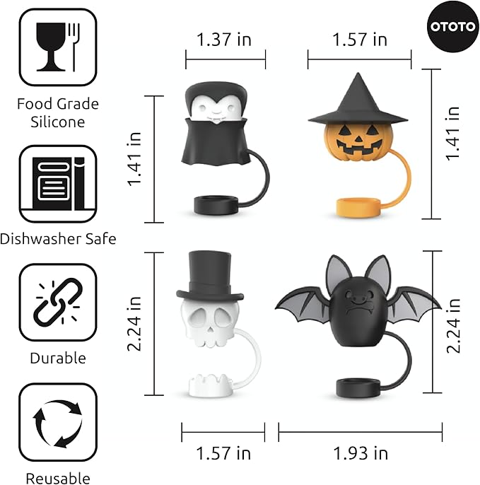 OTOTO Boo Team Straw Toppers Set of 4 - Straw Covers Cap for Tumblers, Covers, Caps for Tumbler Accessories, Cute Water Bottle Accessories, Goth Halloween Spooky Witchy Gifts, Witch