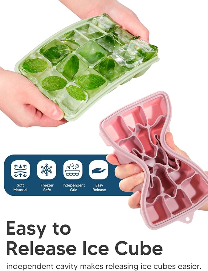 4 Pack Silicone Ice Cube Trays with Lid, Easy Release Ice Cube Trays for Freezer, Reusable and Stackable Silicone Ice Molds, Covered Ice Cube Trays for Cocktails, Whiskey, Coffee