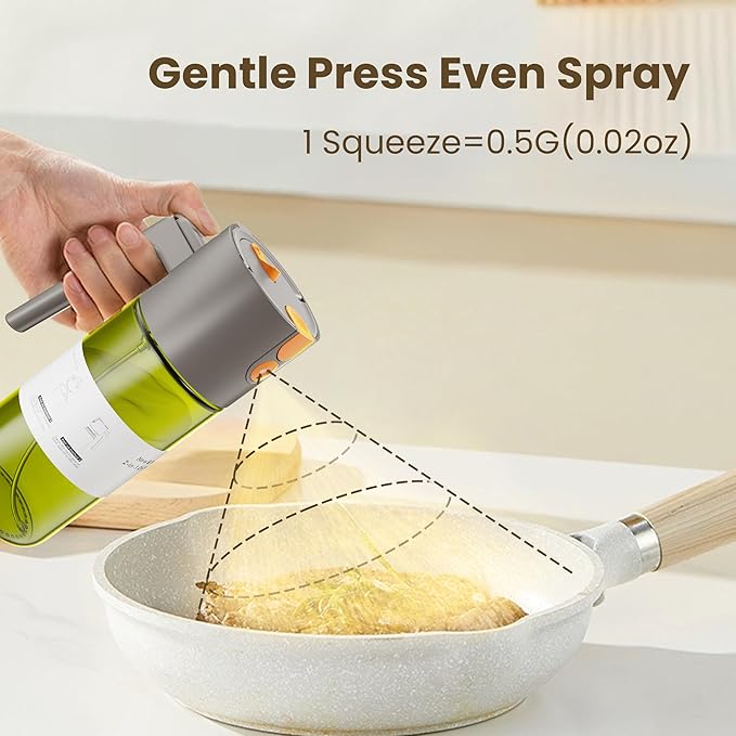LAKUMIQI 2 in 1 Oil Sprayer for Cooking, 17oz Light-Blocking Glass Spray Bottle with Stickers, Oil Dispenser for Salad, Air Fryer & BBQ
