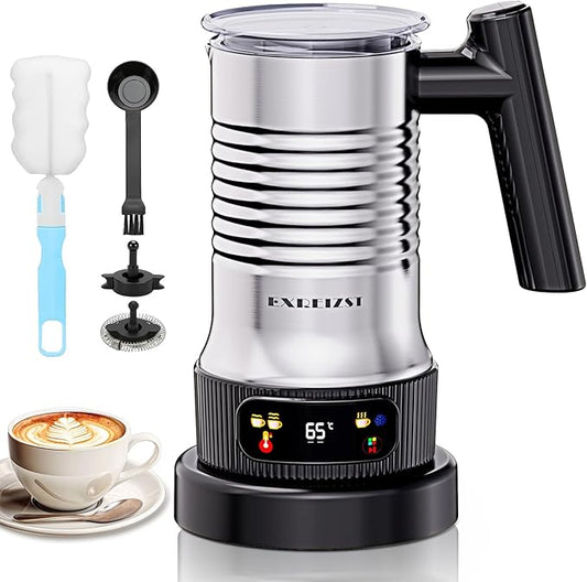 Milk Frother and Steamer, 4 in 1 Electric Milk Frother with LED Temp Display, Warm and Cold Automatic Foam Maker Stainless Steel with Touch Screen for Coffee, Latte, Cappuccino, Hot Chocolate