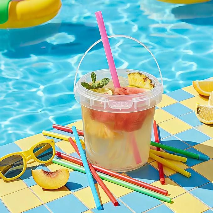 ASEVAT 10 Pack 34oz Clear Plastic Drink Buckets with Dual-Lid System, Reusable 1L Cups with Lids and Straws, Leakproof Bucket Cups for Boba Bubble Tea, Smoothies, Iced Coffee
