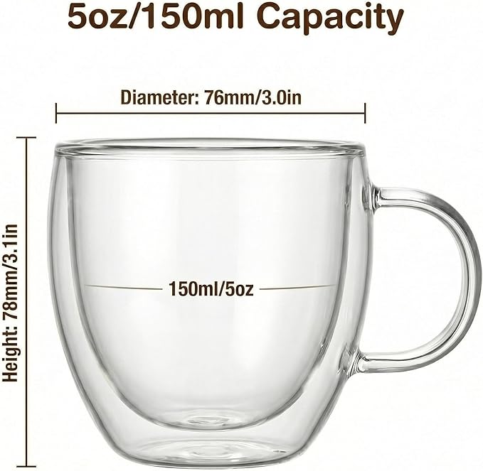 Double Wall Glass Espresso Cups 5oz/150ml, A set of 2, Thermo Insulated Borosilicate Glass Cups with Handle