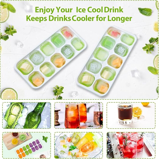 DOQAUS Ice Cube Tray with Lids - 2 Pack Stackable Silicone Ice Trays for Freezer, BPA & LFGB Safe, Easy Release for Kitchen, RVs, Cocktail, Coffee, Soup & Food