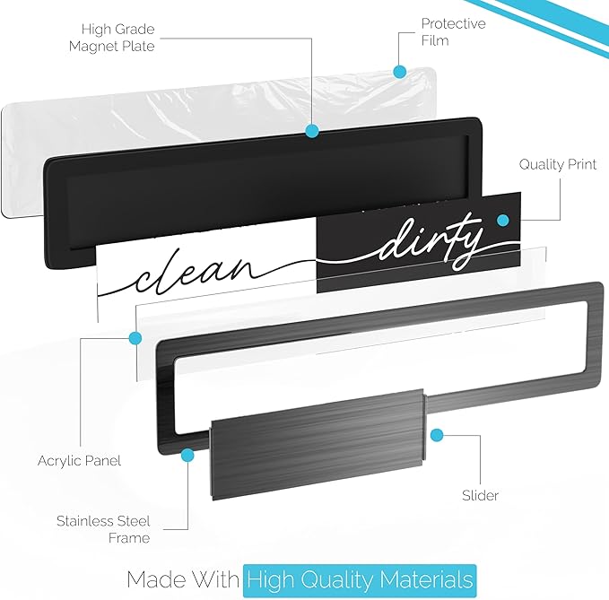 Stainless Steel Clean Dirty Magnet for Dishwasher, Black Chrome Script Dishwasher Magnet Clean Dirty Sign, Premium Clean/Dirty Dish Washer Magnets with Protective Backing, Rustic Kitchen Dish Sign