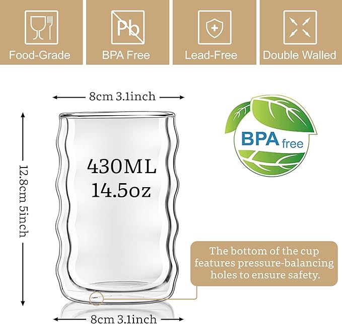 Joeyan 14.5oz Double Wall Glass Tumbler, Wave Shape Insulated Thermal Glass Cups for Hot Cold Drinks, Clear Tall Drinking Highball Glasses for Iced Coffee, Latte, Matcha, Tea, Smoothie, Set of 2