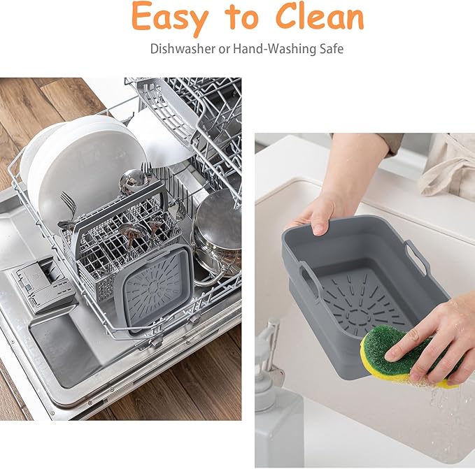 2Pcs Air Fryer Silicone Liners for Ninja SL401 /DZ201/ DZ401/ DZ550 8-10 QT, Reusable Liners for COSORI, Chefman, Instant Air Fryer, Silicone Air Fryer Basket Liners with Magnetic Cheat Sheet, Grey