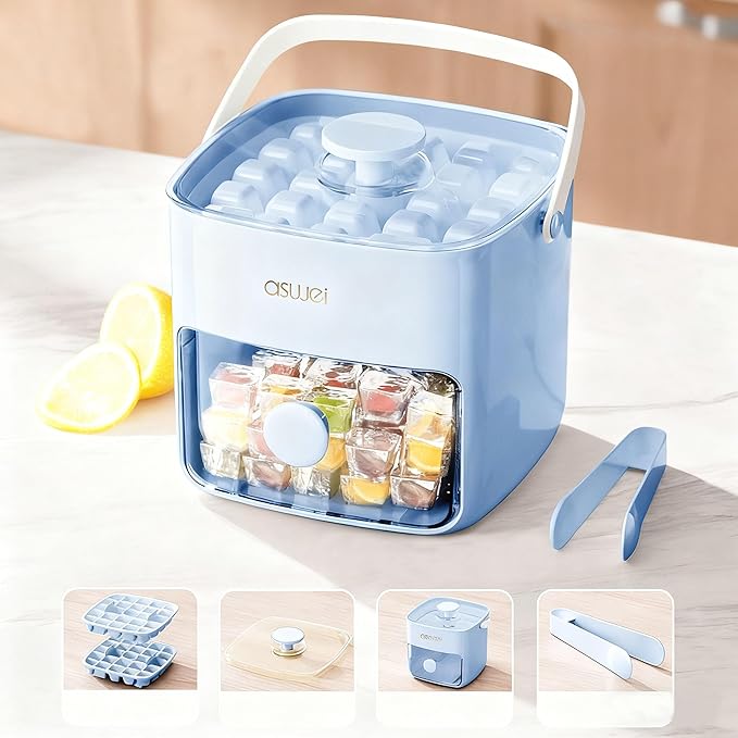 Ice Cube Tray with Lid and Bin, Pack Stackable Ice Tray with Bin and Scoop, BPA-Free Plastic Ice Cube Trays for Freezer with Lid, Chilling Whiskey, Coffee, Cocktail (Blue)