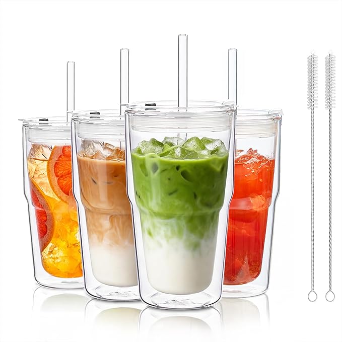KEMORELA Set of 4 Double-Walled Glass Cups, 16 oz / 480 ml Insulated Tumblers for Iced Coffee, Latte, Matcha, Smoothies, Bubble Tea & Cold Drinks – Clear Modern Glassware, Reusable for Home & Parties