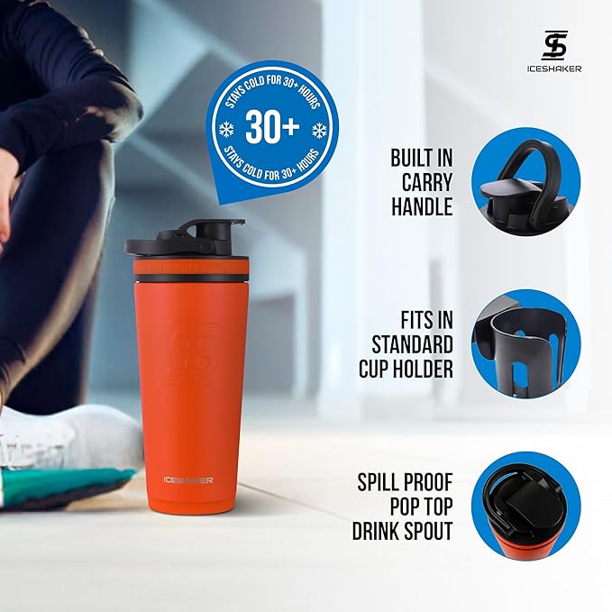 Ice Shaker Insulated Stainless Steel Shaker Bottle | 26oz, Orange | Cold for 30+ Hours | Insulated Cup with Twist-on Agitator | Odor-Free Bottle for Protein Shakes, Water, Smoothies, Cocktails
