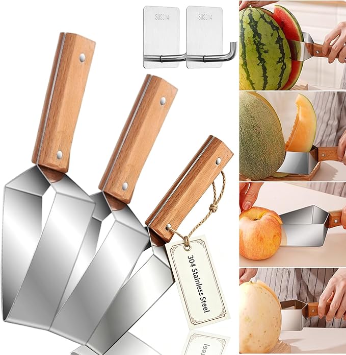 Triangle Watermelon Cutter, 2026 Upgraded 304 Stainless Steel Watermelon Slicer with Wooden Handle - Melon Slicer, Fruit Cutter for Kitchen Gadgets (3 Pcs)