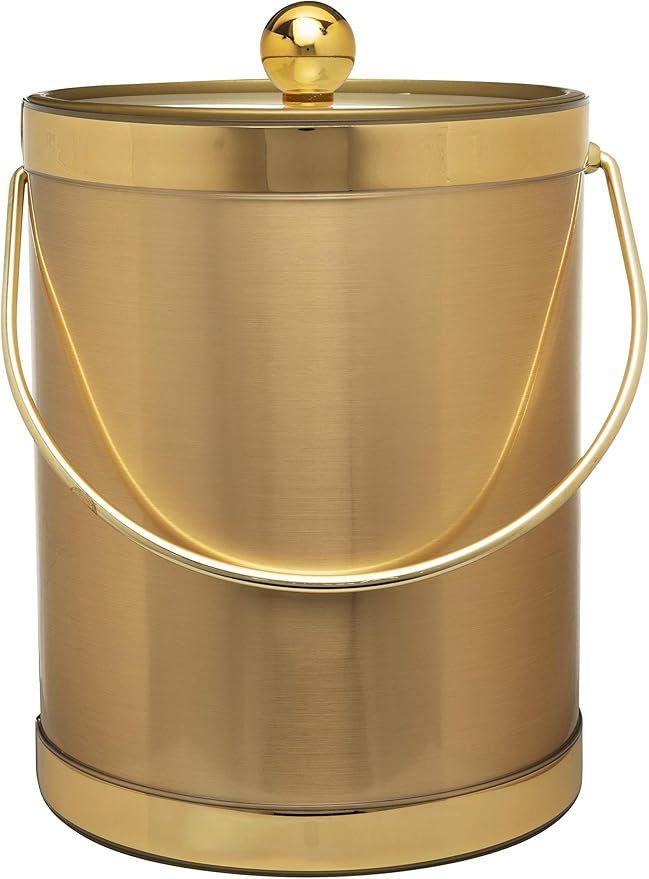 Made In USA Metallic Deco Collection Double Walled Insulated Ice Bucket With Ice Tongs (5-Quart, Gold)