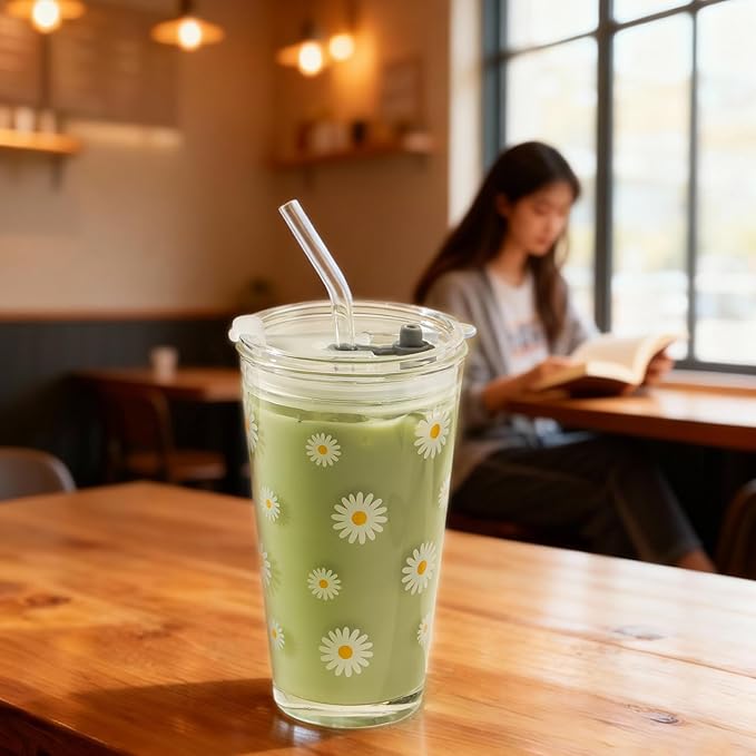 Olvini 15oz Glass Tumbler with Glass Straw and Lid, Cute Iced Coffee Cups, Aesthetic Glass Cups, Coffee Tumbler, Water Cup, Matcha Cup, Drinking Glasses (Daisy)