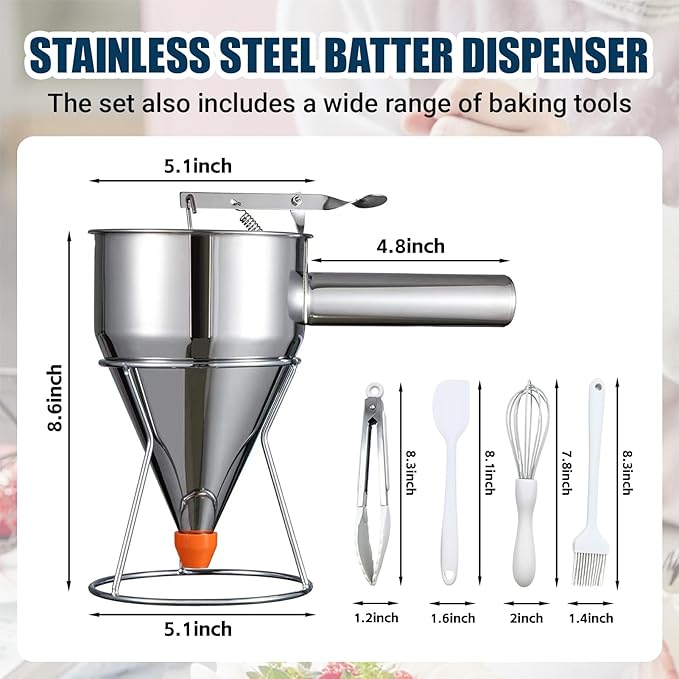 40 oz Pancake Batter Dispenser Stainless Steel Multi Caliber Nozzle with Squeeze Handle and Stand for Pancakes Cupcakes Funnel Cakes Waffles Baked Goods