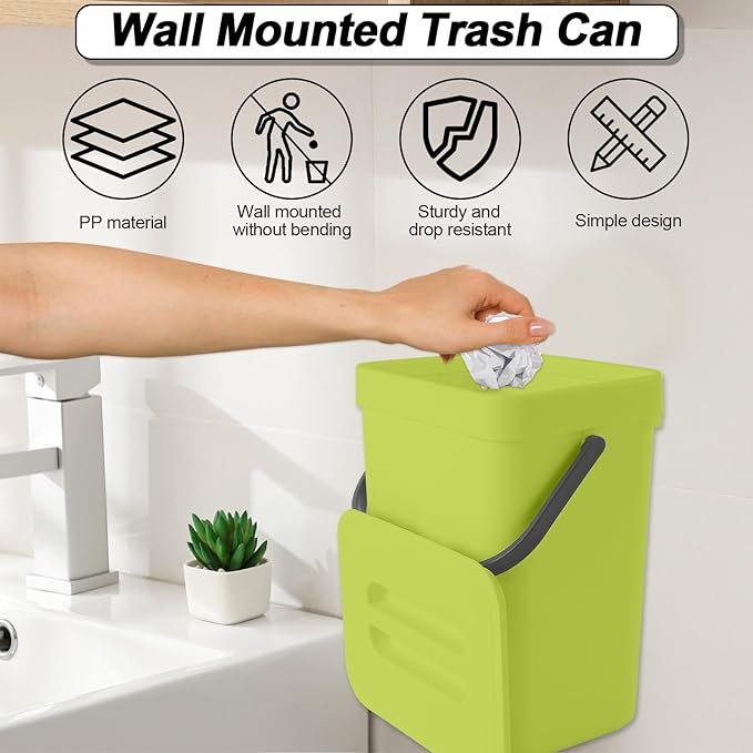 Compost Bin Kitchen, for use on Countertops or Under Sinks, Hanging Trash Can with Lid, for Cupboard/Bathroom/Bedroom/Office/Camping, Mountable Indoor Compost Bucket(Green 1.3 Gallon/5L)