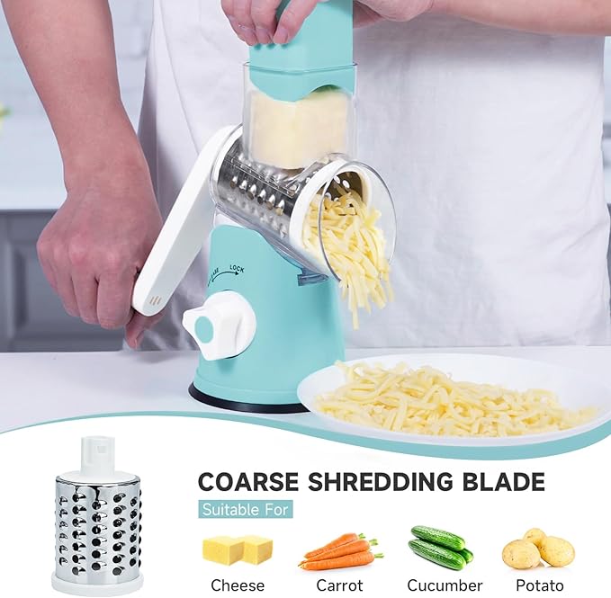 Rotary Cheese Grater, Cheese Grater Hand Crank with 3 Interchangeable Blades, Manual Cheese Shredder with Strong Suction Base, Easy to Use and Clean, Blue