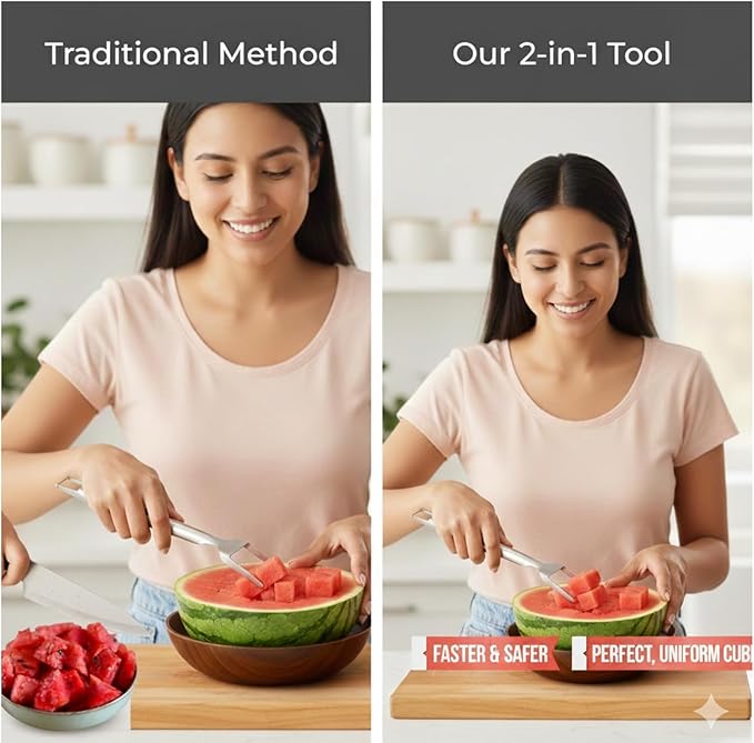 Stainless Steel Watermelon Cutter – Dual-Head Slicer and Fork Tool, Summer Fruit Cutting Tool for Home Kitchens (2-Pack)