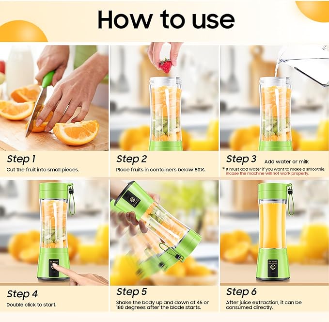Cordless Personal Size Portable Blender - 12 Oz Blender for Smoothies and Shakes with BPA Free Traveling Juice Cup, 6 Blades for Powerful Blending, Suit for Sports/Travel/Home
