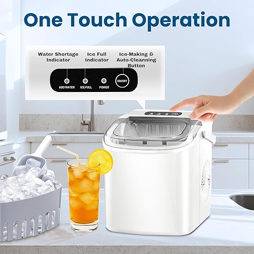 Ice Makers Countertop, Portable Ice Maker Machine with Carry Handle, 26Lbs/24H, Ice Machine Self-Cleaning with Basket and Scoop for Home Kitchen Party,White