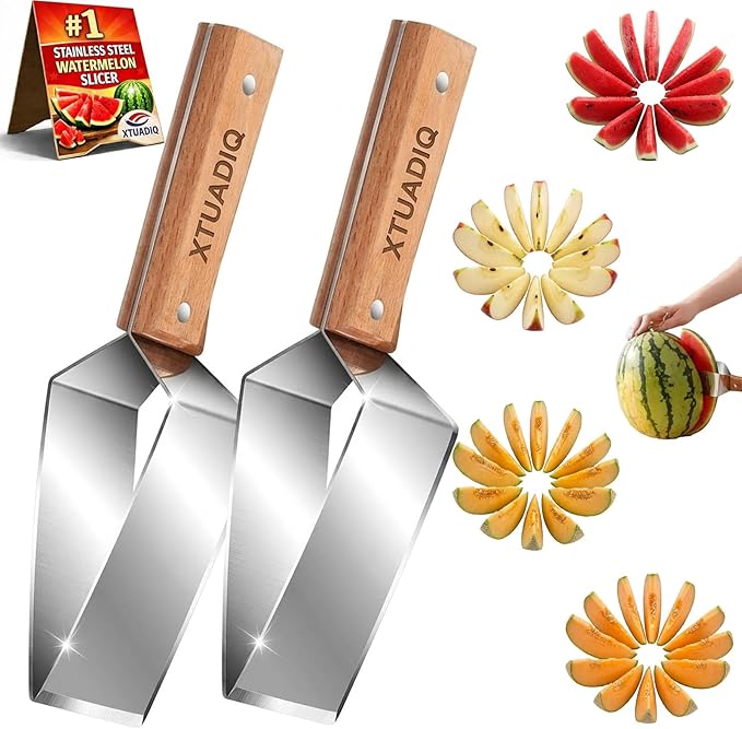Stainless Steel Watermelon Slicer, 2026 New Triangle Watermelon Cutter, Stainless Steel with Wooden Handle for A Wide Variety Watermelon, Cantaloupe, Honeydew, Apples, and More (2pcs)