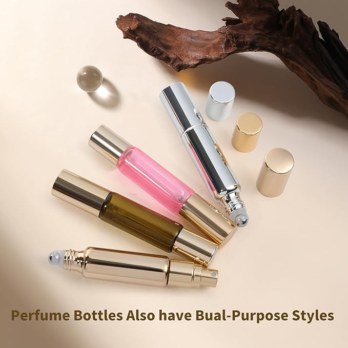 2-in-1 Refillable Perfume Bottle 10ml (4 Pack), Dual-Head Spray & Roller Design, Leakproof Travel Glass Atomizer for Perfume, Cologne and Essential Oils