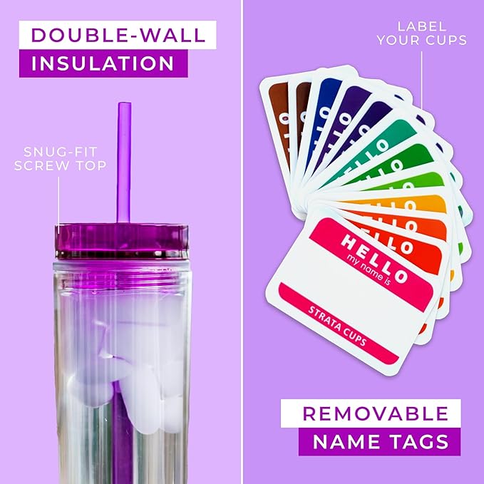 SKINNY TUMBLERS 4 Colored Acrylic Tumblers with Lids and Straws | Skinny, 16oz Double Wall Clear Plastic Tumblers With FREE Straw Cleaner & Name Tags! (Multicolor, 4)