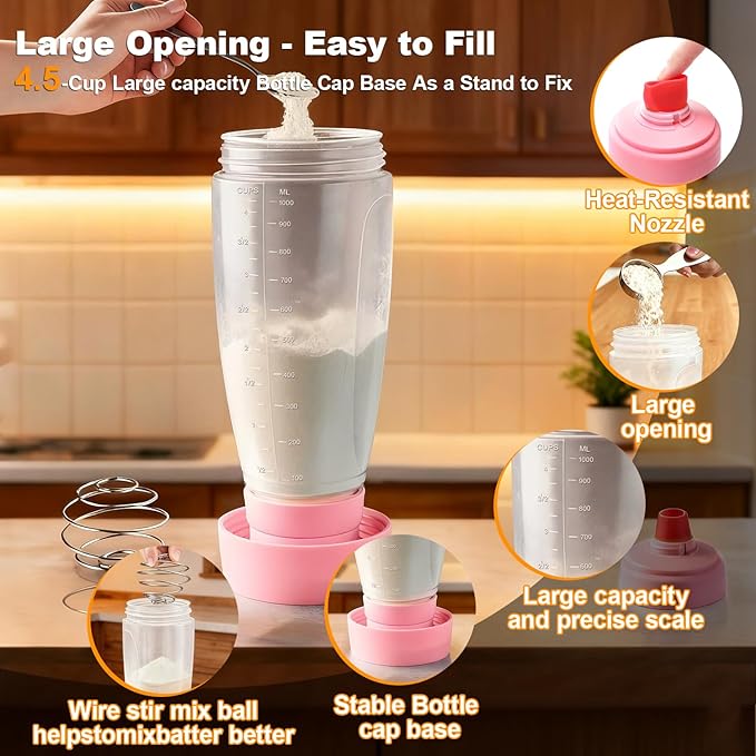 Pancake Batter Dispenser Bottle Kit - 4.5-Cup Pancakes Mixer with Shaker Ball Stainless Steel Whisk and Brush,Squeeze Tool for Pink Kitchen Accessories Gifts