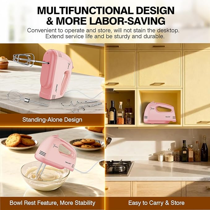 Electric Kitchen Mixer, Small 7-Speed Mixer, Dishwasher-Safe 304 Accessories (1 Whisk, 2 Dough Hooks, 2 Beaters), Mixes Various Ingredients, for Both Beginners and Bakers, Pink